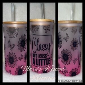 Classy But I Cuss A Little Pink Ombré Sunflower Butterfly Glass Tumbler w/straw
